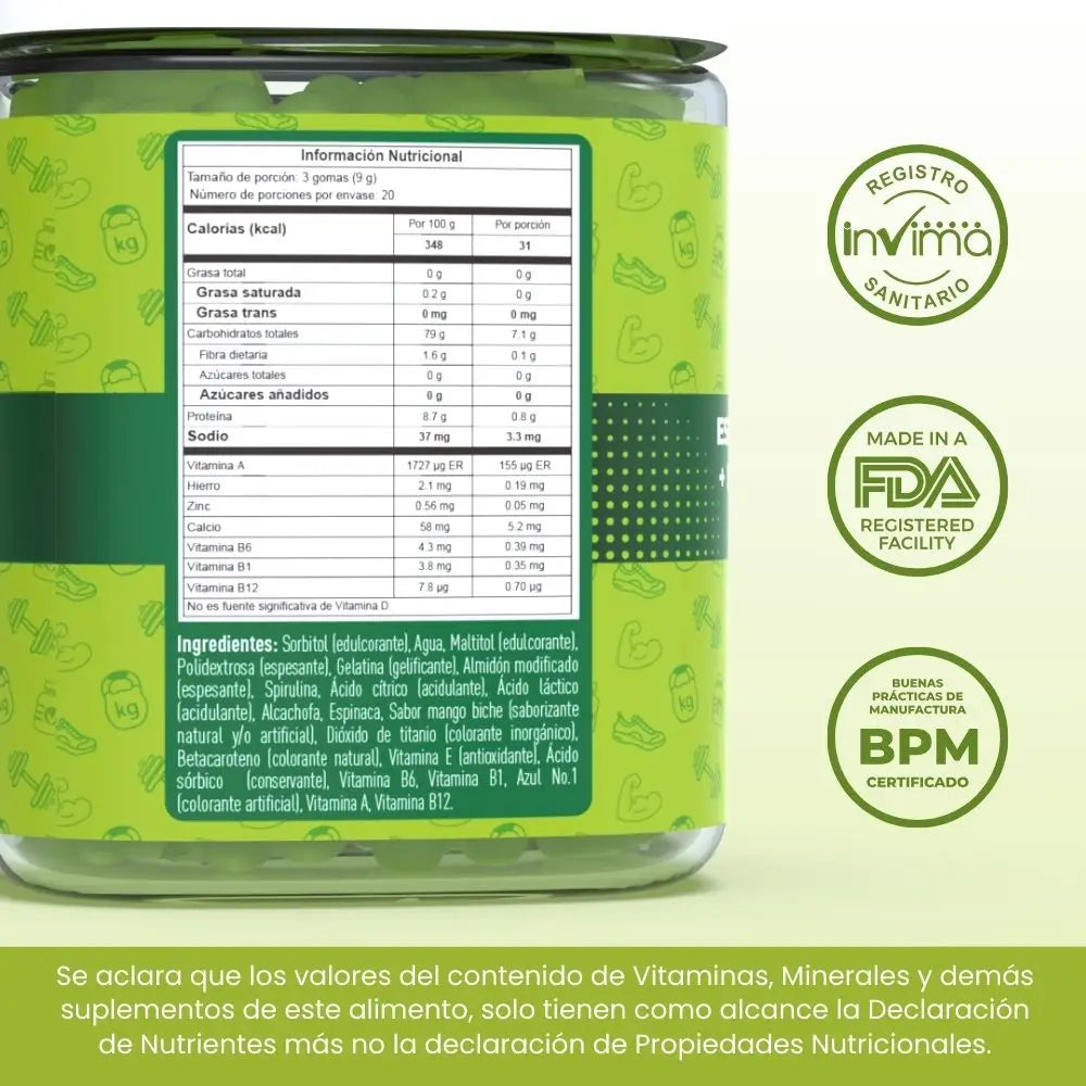 Espirulina, alcachofa, espinaca y vitaminas en gomitas💚